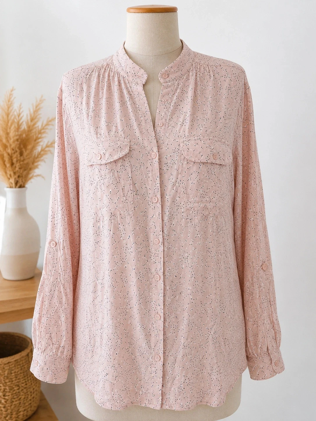 Chemise blouse Camaïeu rose poudré imprimée femme T. 44 manches longues fluide